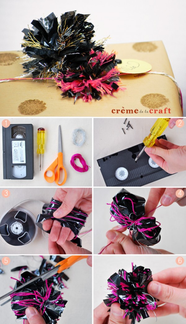 Pompones con cintas de cassettes y videos 3